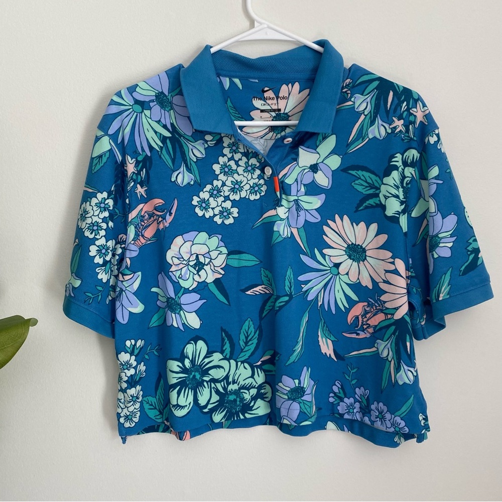 Nike Women's Golf Polo Shirt Crop Top Blue Floral - Picture 3 of 8